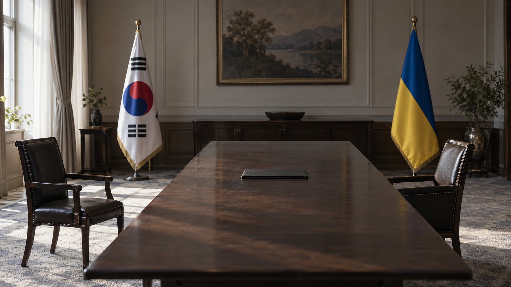 Ilustración editorial generada con IA: una sala de reuniones diplomática con una mesa larga de madera oscura, la bandera de Corea del Sur en un extremo y la bandera de Ucrania en el otro, una carpeta cerrada en el centro y dos sillas vacías enfrentadas; composición conceptual, no es una fotografía de una reunión real.
