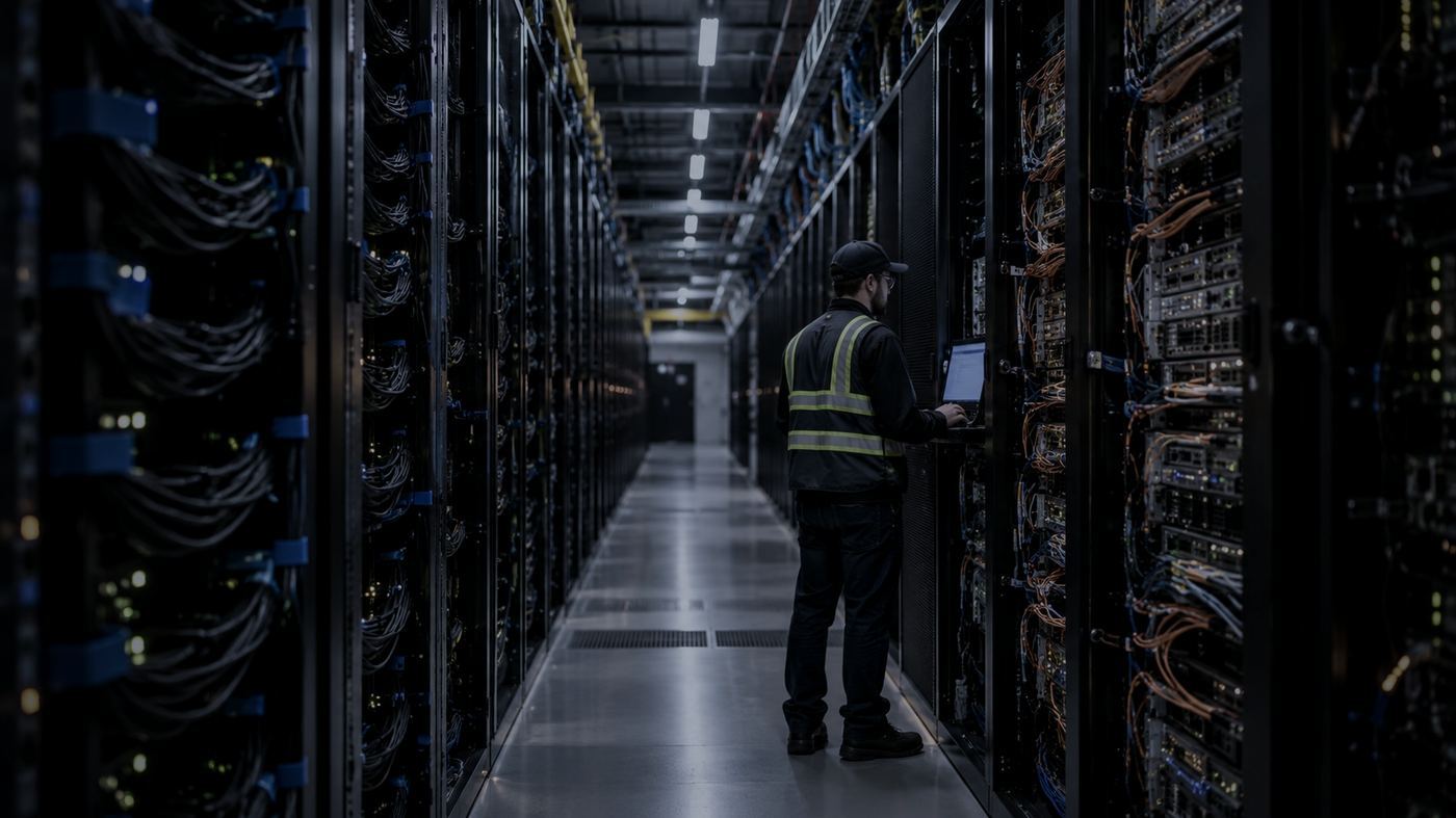 Fila de racks de servidores de un centro de datos de cómputo intensivo con cableado de fibra óptica y luces indicadoras, vistos desde un pasillo técnico