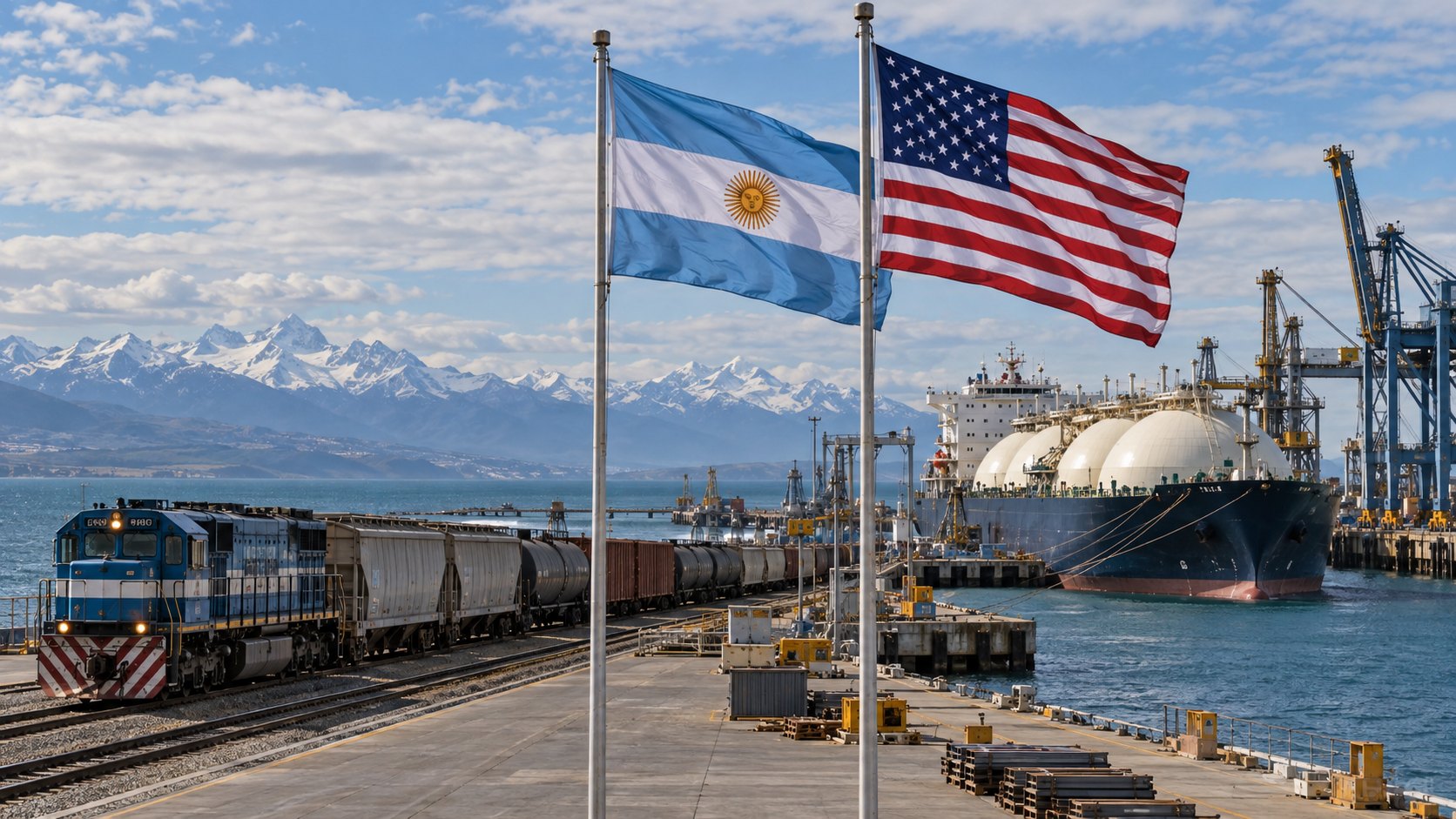 Ilustración editorial generada con IA: banderas de la Argentina y de Estados Unidos en un muelle del Atlántico, un tren de carga que llega al puerto, un buque metanero amarrado y la cordillera de los Andes a lo lejos; no es una fotografía de un puerto ni de una obra real.