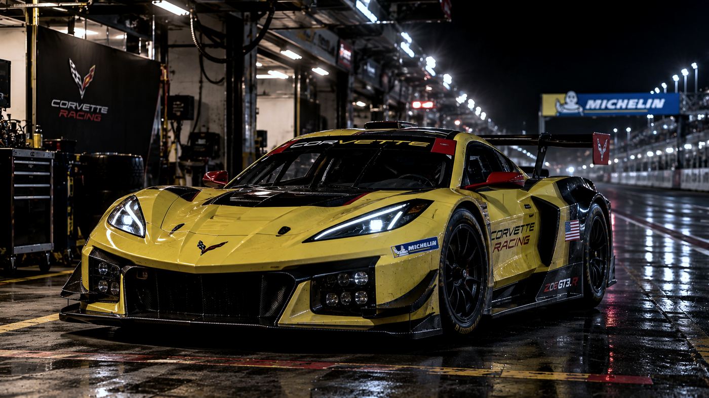 Chevrolet Corvette Z06 GT3.R de Corvette Racing estacionado en un box de pit lane iluminado durante la noche, con el cartel de Michelin de fondo