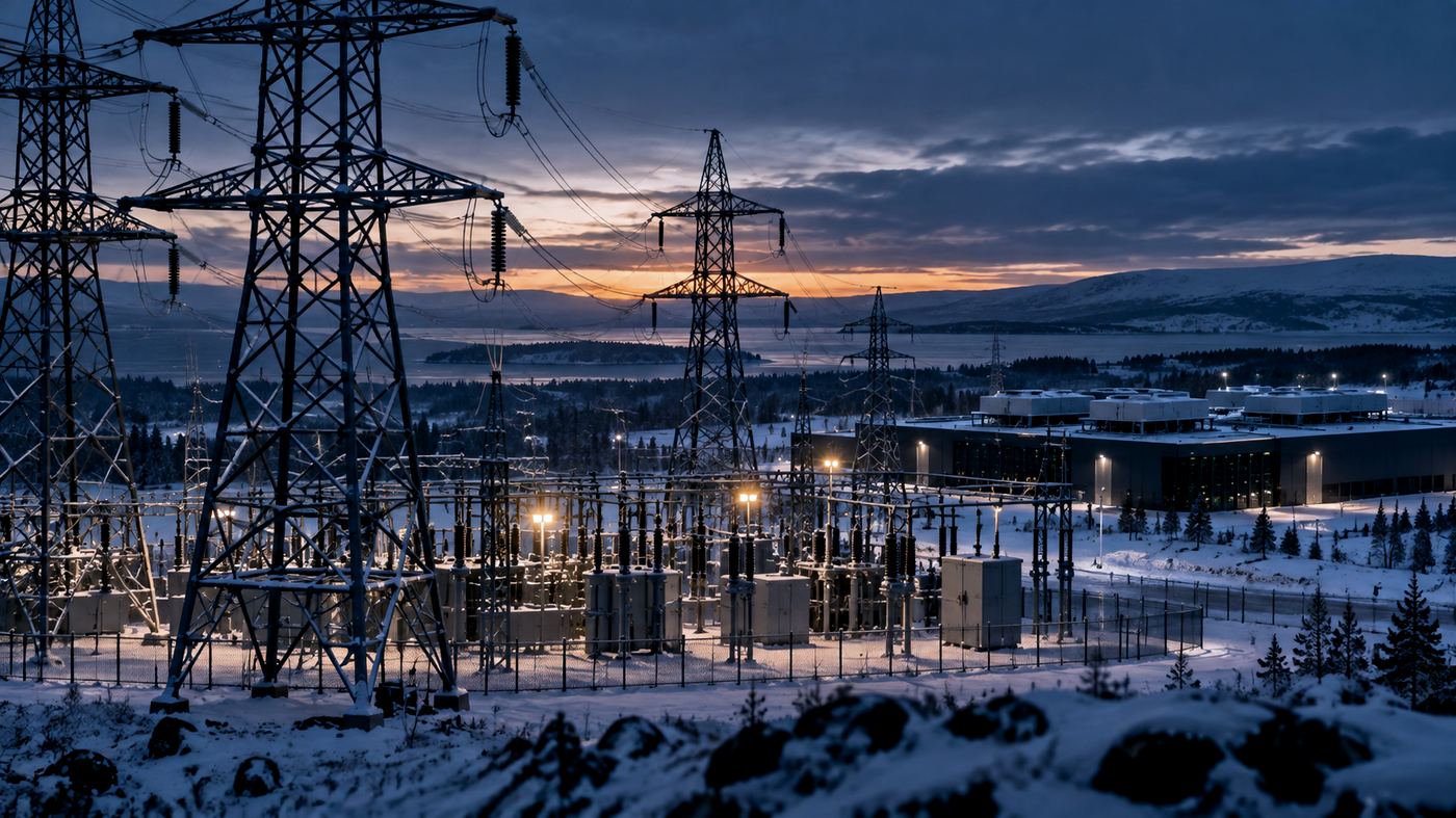 Subestación eléctrica de alta tensión con torres de transmisión nevadas al atardecer, con un centro de datos industrial de baja altura al fondo en un paisaje nórdico
