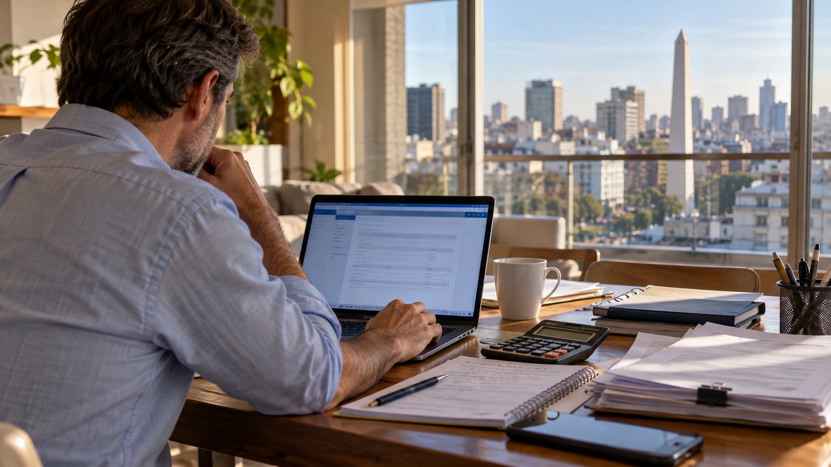 Ilustración editorial generada con IA: un hombre de espaldas, en el living de un departamento de Buenos Aires con vista al Obelisco, revisa en una laptop una declaración jurada, con una calculadora, una taza y papeles sobre la mesa; composición conceptual, no es una fotografía de un contribuyente real.
