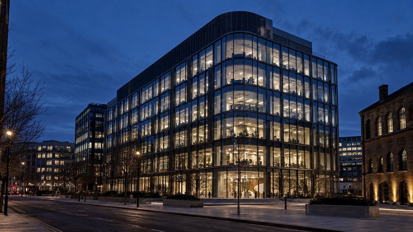 Fachada del edificio de oficinas de Google DeepMind en King's Cross, Londres, fotografiada al atardecer