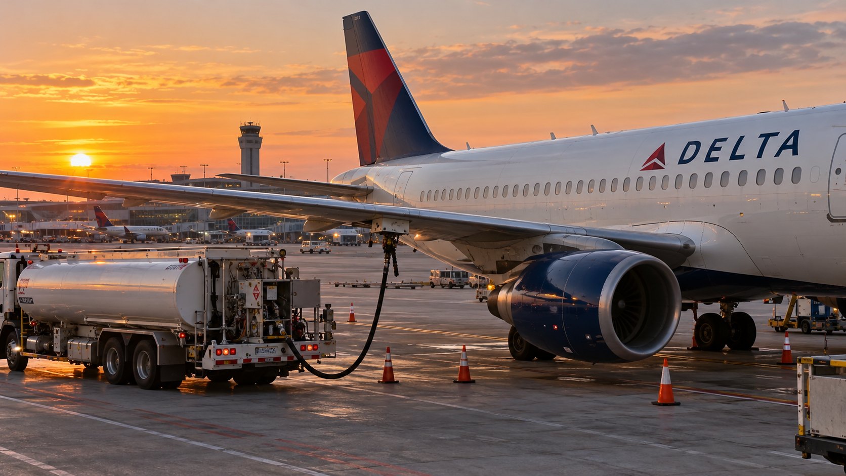 Ilustración editorial generada con IA: un avión de Delta Air Lines con su librea real en la plataforma de un aeropuerto, abastecido por un camión cisterna de combustible de aviación al atardecer; composición conceptual, no es una fotografía del hecho.