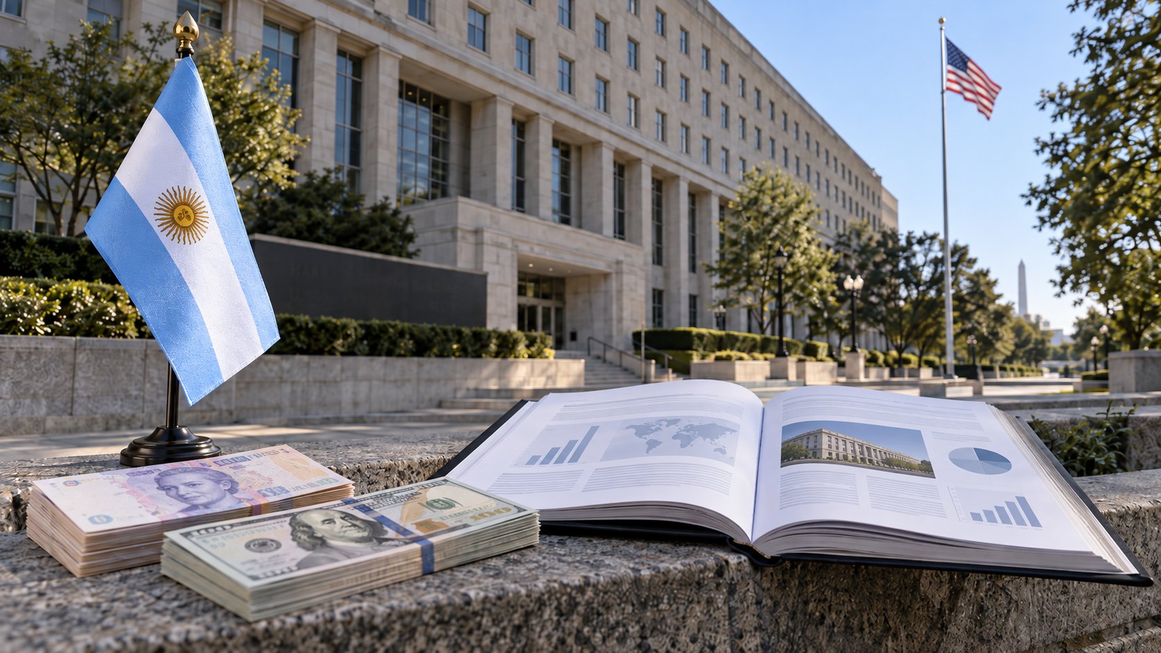 Ilustración editorial generada con IA: frente al edificio del Departamento de Estado de EE.UU. en Washington, un informe abierto sobre una cornisa de piedra junto a una pequeña bandera argentina y billetes de pesos y dólares; composición conceptual, no es una fotografía de un documento real.