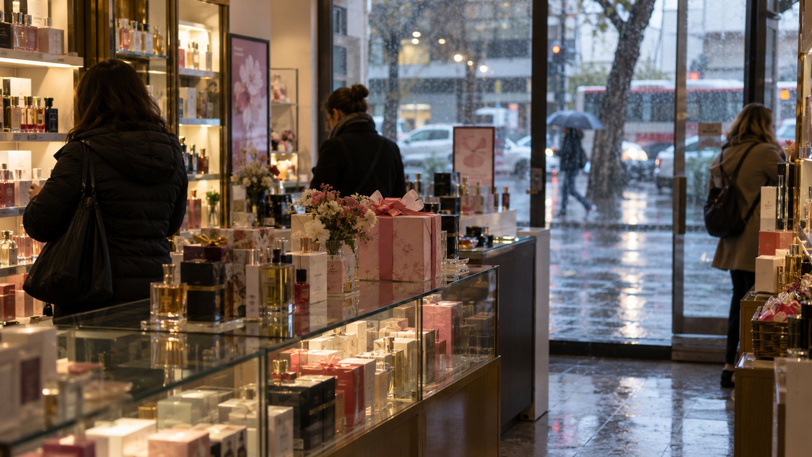 Ilustración editorial generada con IA: interior de una perfumería de barrio en una tarde de lluvia, con frascos y cajas de regalo sobre un mostrador vidriado y pocos clientes; composición conceptual, no es una fotografía de un comercio real.