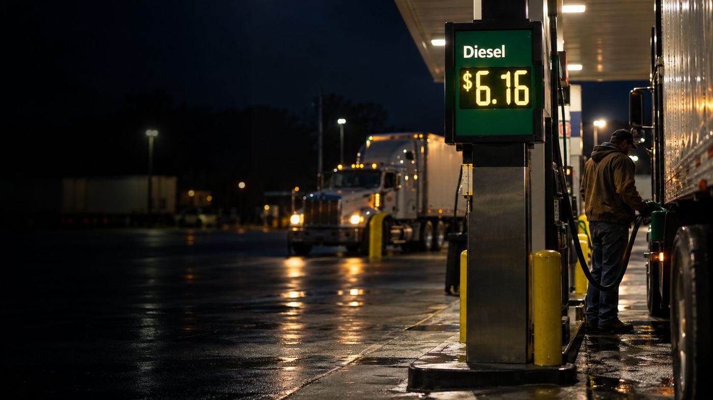 Surtidor de diésel de noche en una estación de servicio de Estados Unidos, con el precio marcado en el cartel