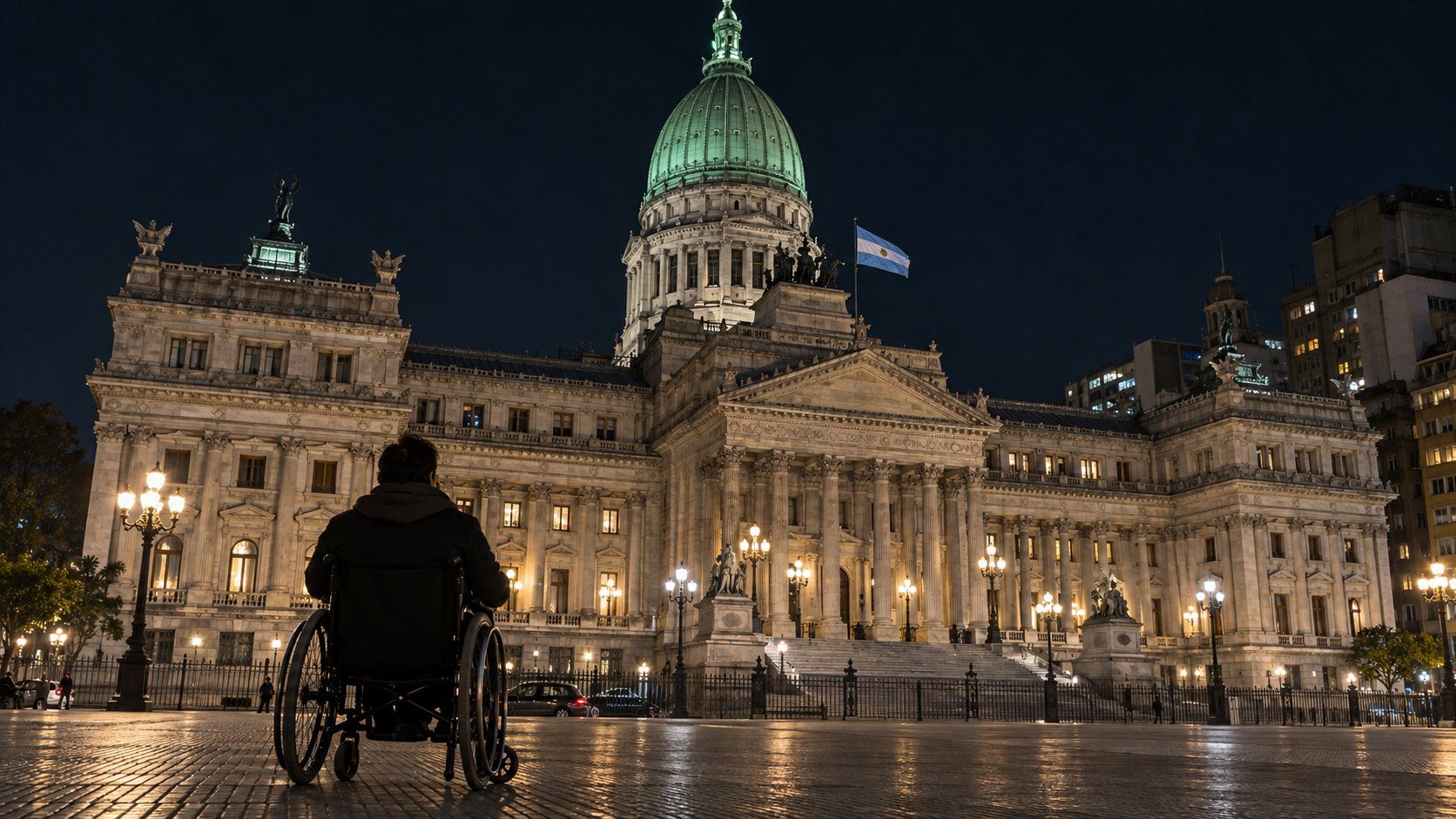 Ilustración editorial generada con IA: el Palacio del Congreso de la Nación Argentina de noche, con la cúpula iluminada y la bandera argentina, y en primer plano una persona en silla de ruedas de espaldas mirando el edificio; composición conceptual, no es una fotografía de la sesión.