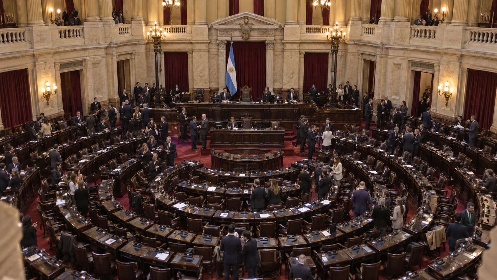 Ilustración editorial generada con IA: el recinto de la Cámara de Diputados de la Nación visto desde las galerías, con las bancas en hemiciclo, la bandera argentina y el estrado de la presidencia; composición conceptual, no es una fotografía de una sesión real.