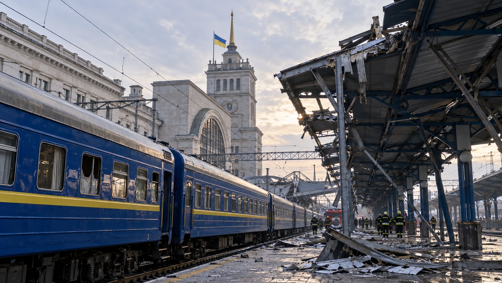 Ilustración editorial generada con IA: un tren de pasajeros azul y amarillo detenido junto a un andén con la marquesina destruida frente a una estación ferroviaria histórica con torre y bandera de Ucrania; composición conceptual, no es una fotografía del ataque.