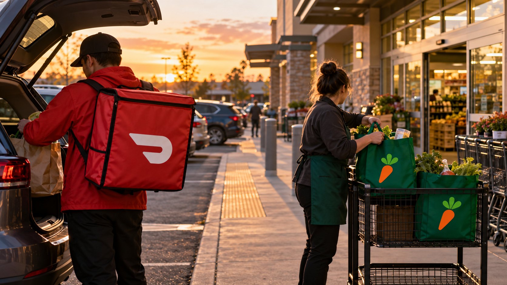 Ilustración editorial generada con IA: un repartidor con bolsa térmica de DoorDash y una compradora con bolsas de Instacart en la zona de retiro de un supermercado estadounidense al atardecer; composición conceptual, no es una fotografía de un hecho real.