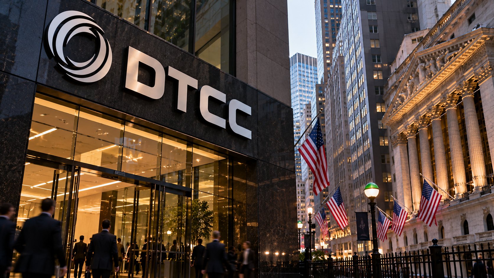Ilustración editorial generada con IA: la entrada de un edificio de oficinas con el logo y el nombre de DTCC en la fachada, junto a columnas neoclásicas y banderas de Estados Unidos en una calle del distrito financiero de Nueva York al anochecer; composición conceptual, no es una fotografía de una sede real de DTCC.