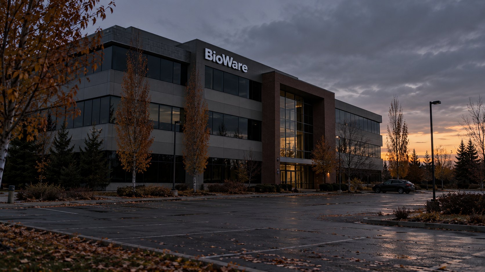 Ilustración editorial generada con IA: el edificio de oficinas de BioWare, con el nombre del estudio en la fachada, al atardecer de otoño, con las ventanas apagadas y el estacionamiento casi vacío; composición conceptual, no es una fotografía real.