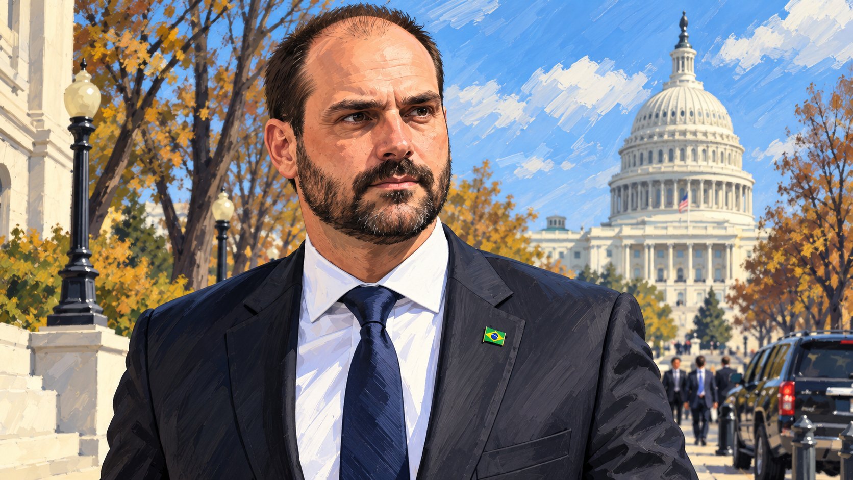 Ilustración editorial generada con IA: retrato de Eduardo Bolsonaro, de traje oscuro y con un pin de la bandera de Brasil en la solapa, en una calle de Washington con el Capitolio de Estados Unidos al fondo; composición conceptual, no es una fotografía real ni de un hecho documentado.