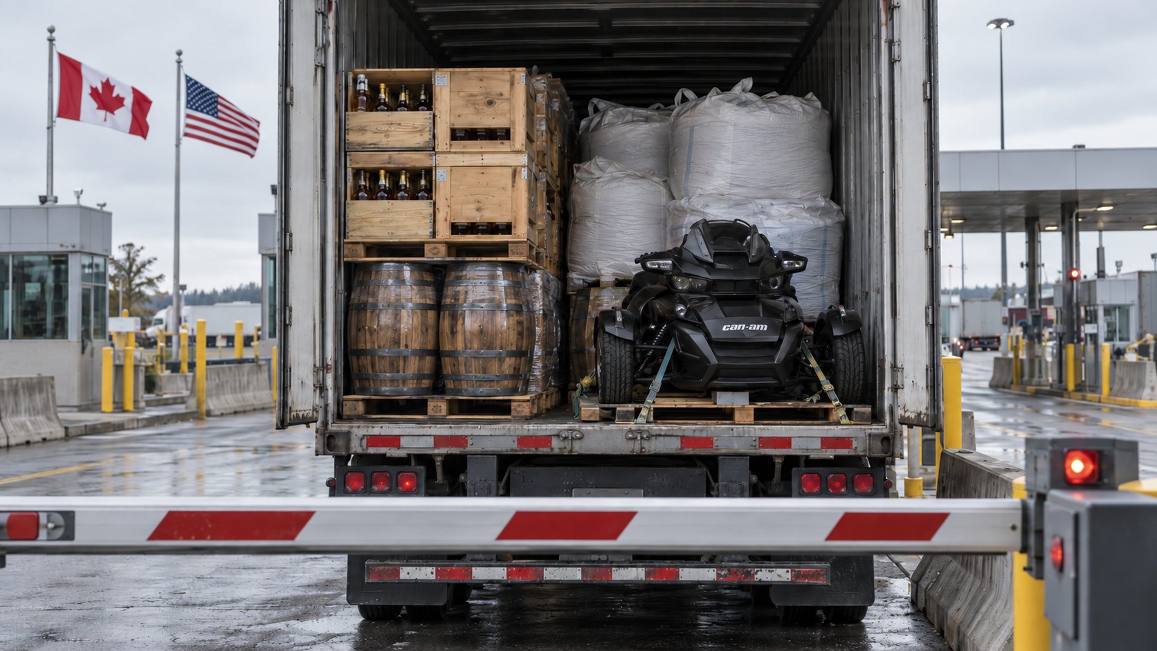 Ilustración editorial generada con IA: un camión de carga detenido ante una barrera cerrada en un paso fronterizo, con cajas de botellas, barriles y una moto de tres ruedas Can-Am en su caja, y banderas de Canadá y Estados Unidos al costado; composición conceptual, no es una fotografía de un control real.