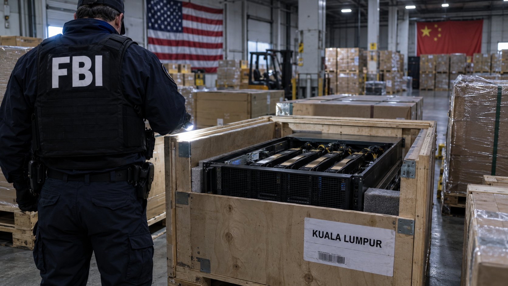 Ilustración editorial generada con IA: en un depósito logístico, un servidor de rack con placas GPU dentro de una caja de madera de embalaje abierta con una etiqueta de envío a Kuala Lumpur, un agente federal de espaldas con chaleco del FBI que inspecciona las cajas con una linterna y, al fondo, banderas de Estados Unidos y de China sobre pallets apilados; composición conceptual, no es una fotografía del caso ni de mercadería real.
