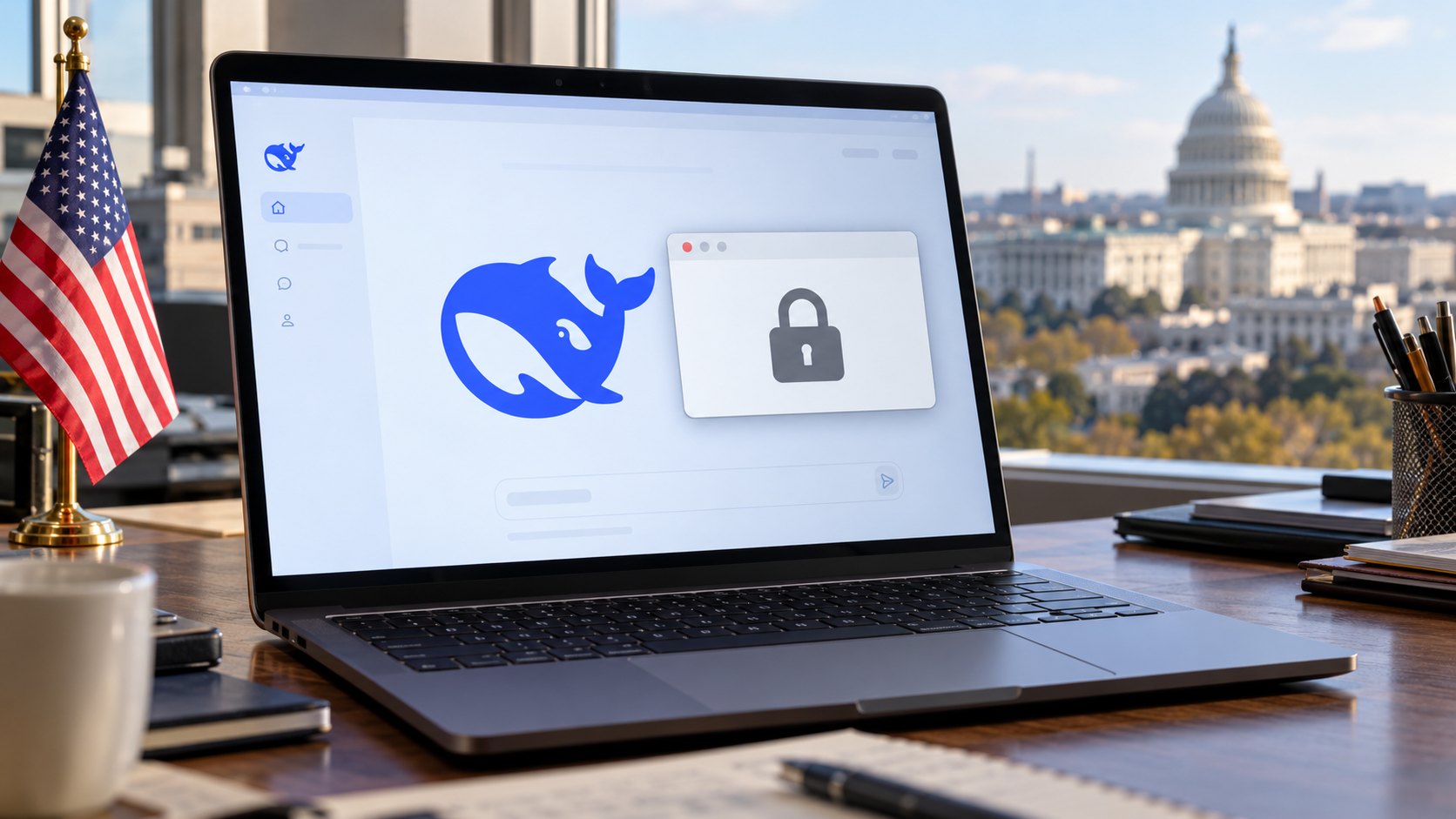 Ilustración editorial generada con IA: una laptop sobre un escritorio de oficina en Washington muestra el logo de la ballena azul de DeepSeek y una ventana con un candado de bloqueo, junto a una pequeña bandera de Estados Unidos y con la cúpula del Capitolio de fondo por la ventana; composición conceptual, no es una fotografía de una oficina federal real.