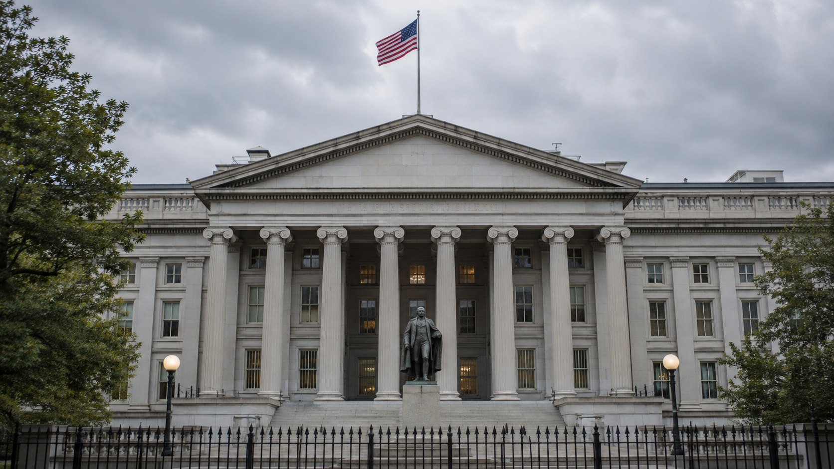 Ilustración editorial generada con IA: el edificio del Departamento del Tesoro de Estados Unidos en Washington, con su fachada de columnas, la estatua de Albert Gallatin al frente y la bandera estadounidense bajo un cielo nublado; composición conceptual, no es una fotografía de un hecho real.