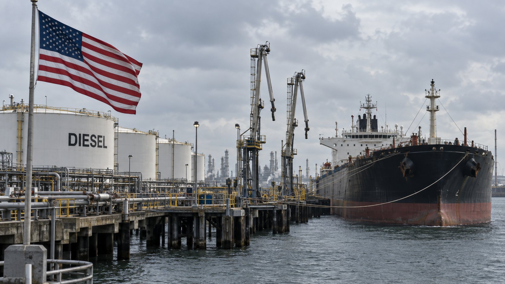 Ilustración editorial generada con IA: un buque tanque amarrado en una terminal de refinería de la costa del Golfo de Estados Unidos, con los brazos de carga levantados y desconectados, una bandera estadounidense en primer plano y un tanque de almacenamiento con la palabra DIESEL; no es una fotografía de una terminal real.