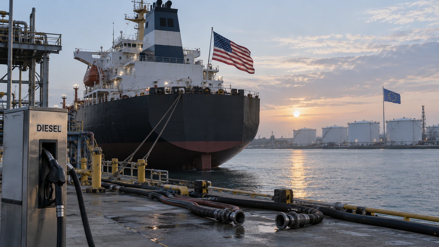 Ilustración editorial generada con IA: un buque tanque con una gran bandera de Estados Unidos amarrado en un muelle petrolero al amanecer, un surtidor con la palabra DIESEL en primer plano y tanques de combustible con una bandera de la Unión Europea al fondo; composición conceptual, no es una fotografía de un hecho real.