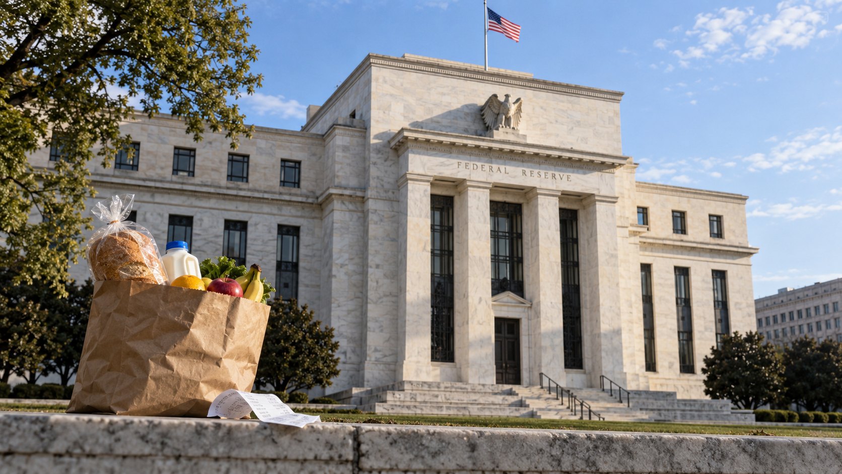 Ilustración editorial generada con IA: la fachada del edificio de la Reserva Federal en Washington con una bandera de Estados Unidos y, en primer plano, una bolsa de supermercado con alimentos y un ticket de compra; composición conceptual, no es una fotografía de un lugar ni de un hecho real.