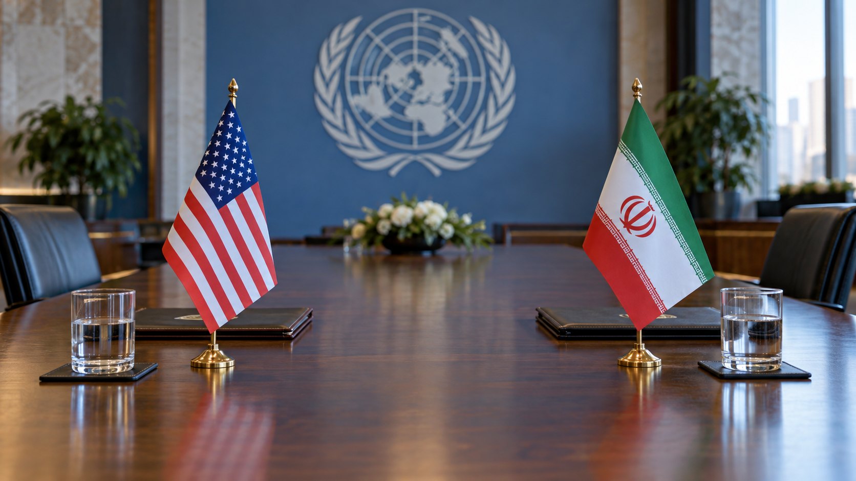 Ilustración editorial generada con IA: banderas de mesa de Estados Unidos e Irán enfrentadas en una sala de la ONU; no es una fotografía de la reunión.