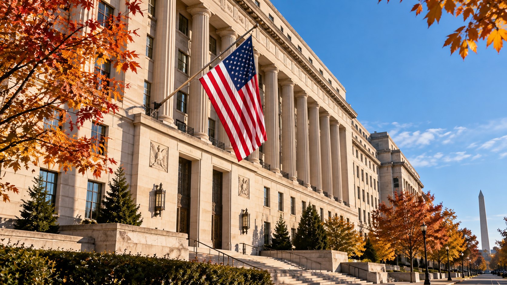Ilustración editorial generada con IA: el edificio del Departamento de Comercio de Estados Unidos en Washington con una bandera estadounidense en una mañana de otoño; composición conceptual, no es una fotografía documental.