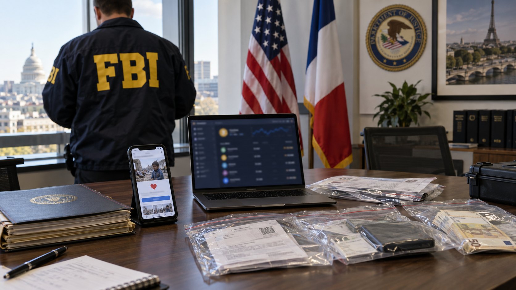 Ilustración editorial generada con IA: una mesa de evidencias en una oficina federal con un teléfono que muestra una campaña de donaciones, una laptop y comprobantes de transferencias en bolsas de evidencia, un agente con campera del FBI de espaldas y las banderas de Estados Unidos y Francia al fondo; composición conceptual, no es una fotografía de las pruebas del caso.