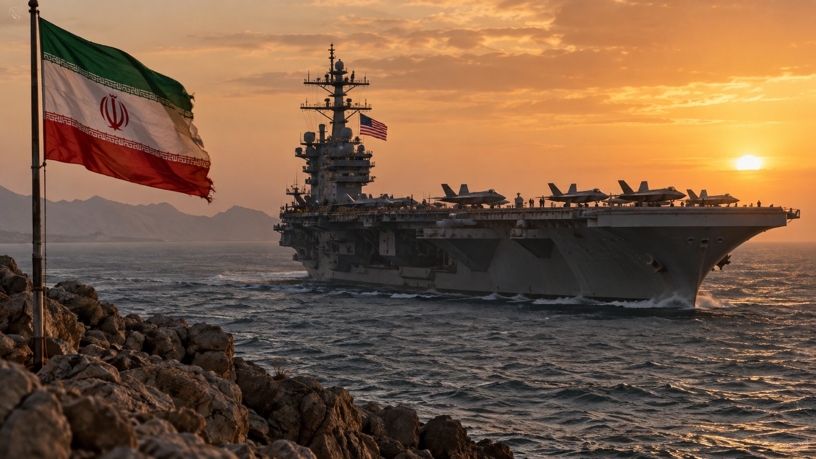 Ilustración editorial generada con IA: un portaaviones de la Armada de Estados Unidos con cazas en cubierta y la bandera estadounidense en el mástil navega al atardecer, frente a una costa rocosa donde flamea una bandera de Irán; composición conceptual, no es una fotografía del USS Theodore Roosevelt ni de un despliegue real.