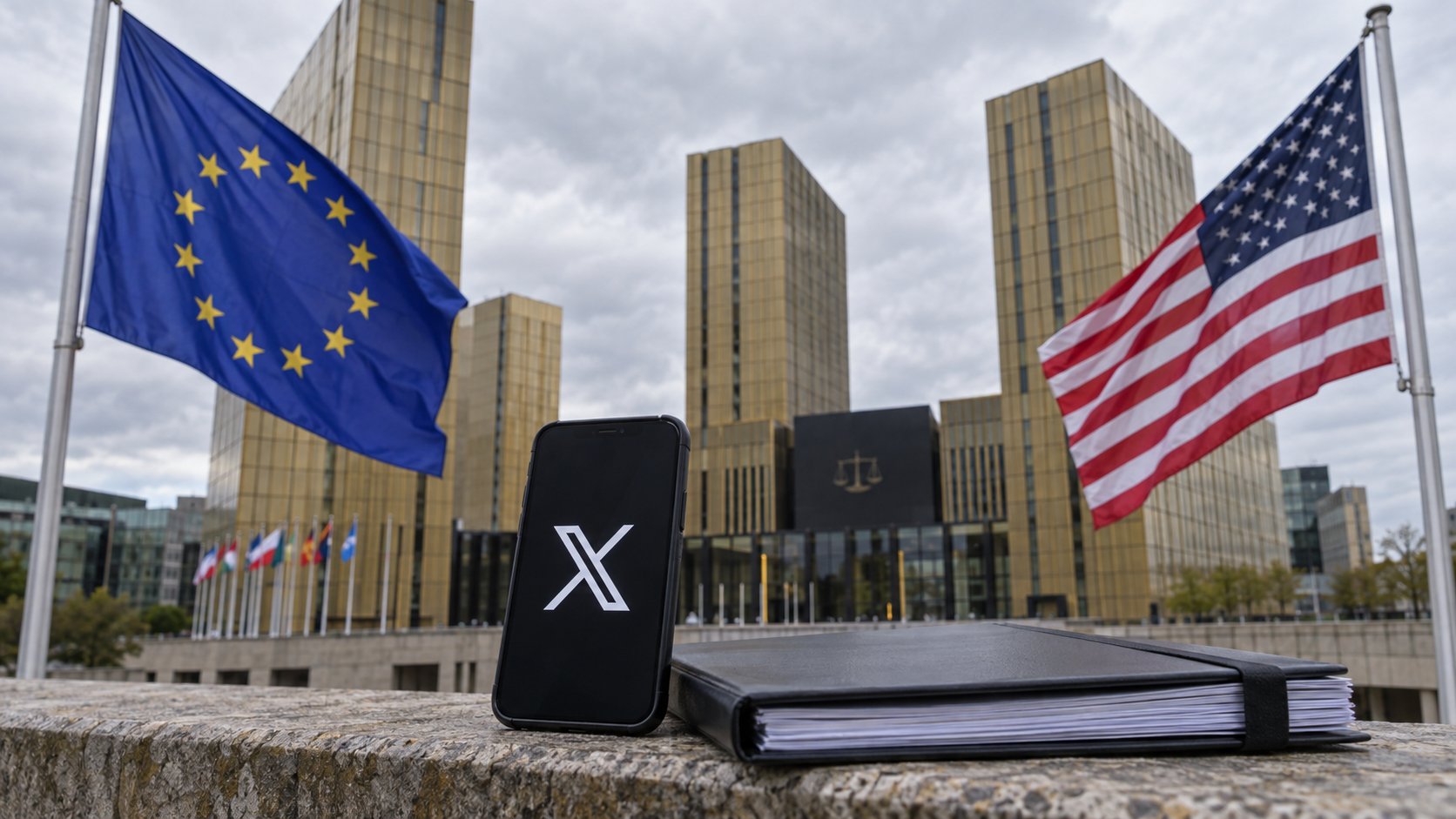 Ilustración editorial generada con IA: un teléfono con el logo de X apoyado sobre una baranda entre las banderas de la Unión Europea y de Estados Unidos, frente al edificio del Tribunal de Justicia de la UE en Luxemburgo; composición conceptual, no es una fotografía del caso.
