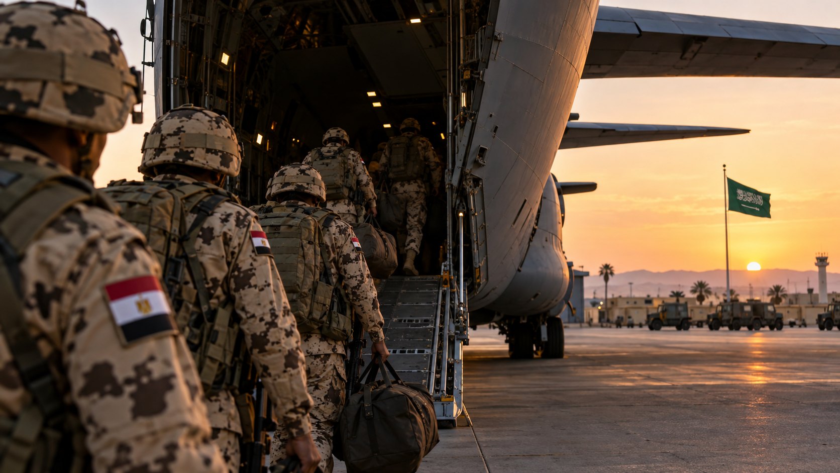 Ilustración editorial generada con IA: soldados egipcios con la bandera de Egipto en el uniforme abordan un avión de transporte militar en una base aérea al atardecer, con una bandera de Arabia Saudita en el horizonte; composición conceptual, no es una fotografía de un despliegue real.