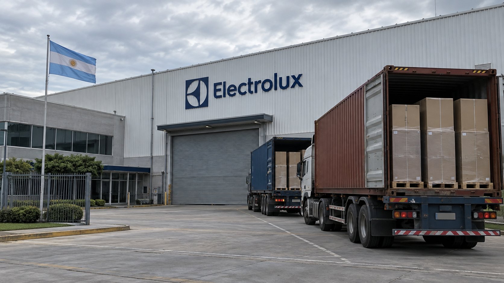 Ilustración editorial generada con IA: portón cerrado de una fábrica con la marca Electrolux en Rosario, con contenedores de importación estacionados enfrente y una bandera argentina; composición conceptual, no es una fotografía de la planta real.