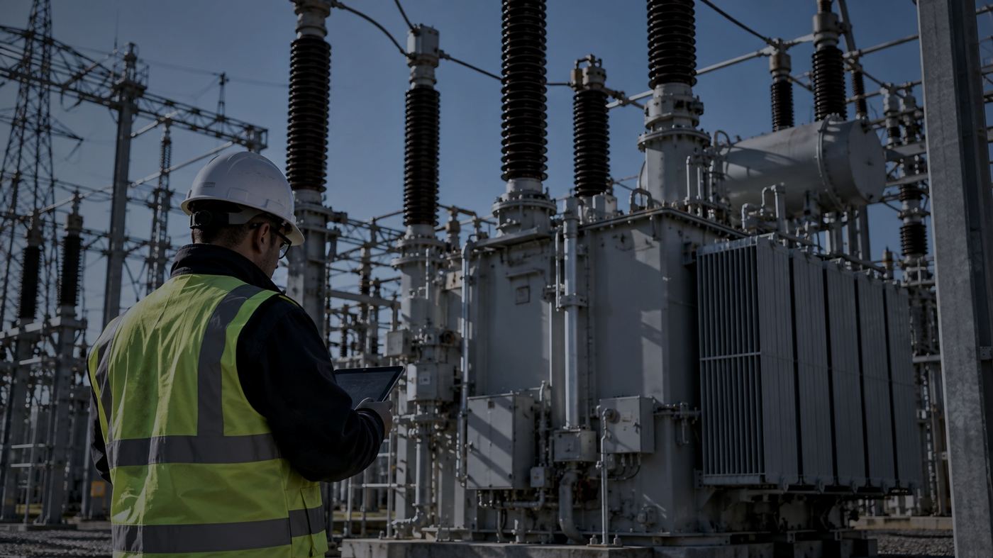 Técnico de una empresa eléctrica con casco y chaleco reflectante inspeccionando un transformador de alta tensión en el patio de una subestación, con una tablet en la mano