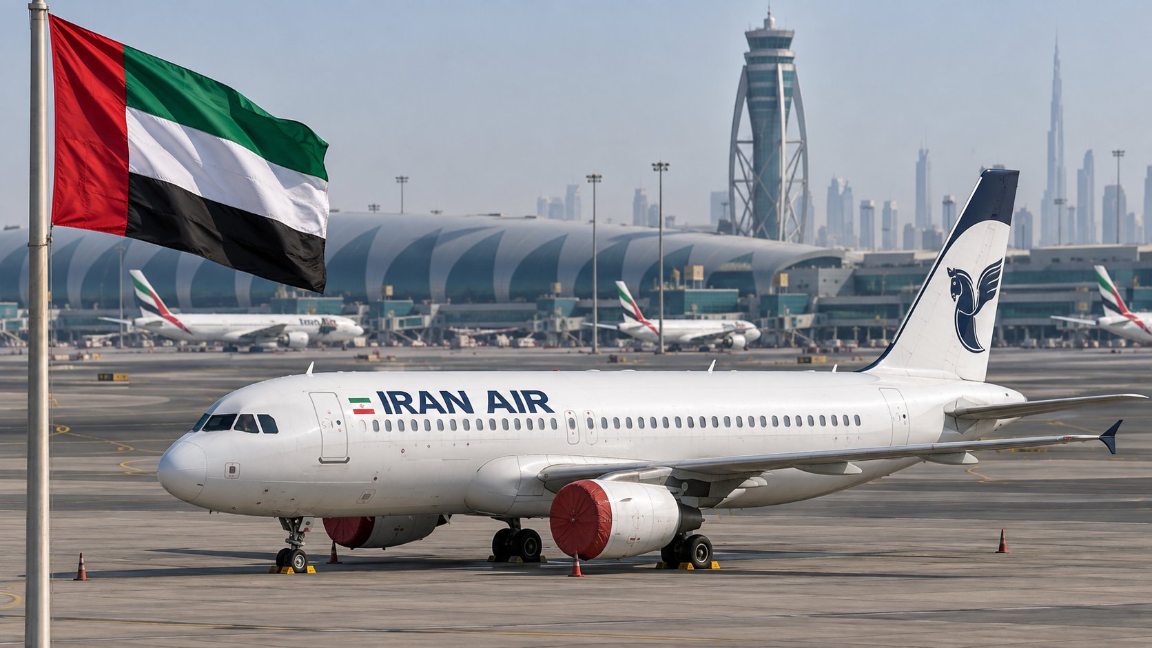 Ilustración editorial generada con IA: un avión de Iran Air estacionado e inactivo en una plataforma del aeropuerto de Dubái, con una bandera de los Emiratos Árabes Unidos en primer plano; composición conceptual, no es una fotografía del hecho.