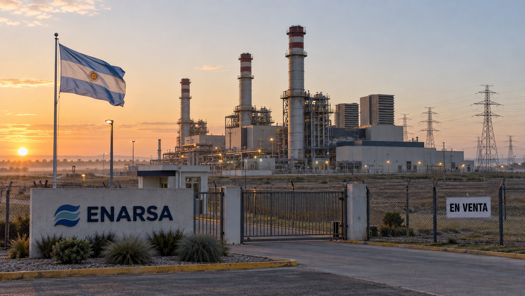 Ilustración editorial generada con IA: una central termoeléctrica de ciclo combinado al amanecer, con chimeneas y torres de alta tensión; en primer plano, un cartel con el nombre ENARSA junto al portón de acceso, una bandera argentina y un cartel de «En venta» sobre el cerco; composición conceptual, no es una fotografía de las centrales reales.
