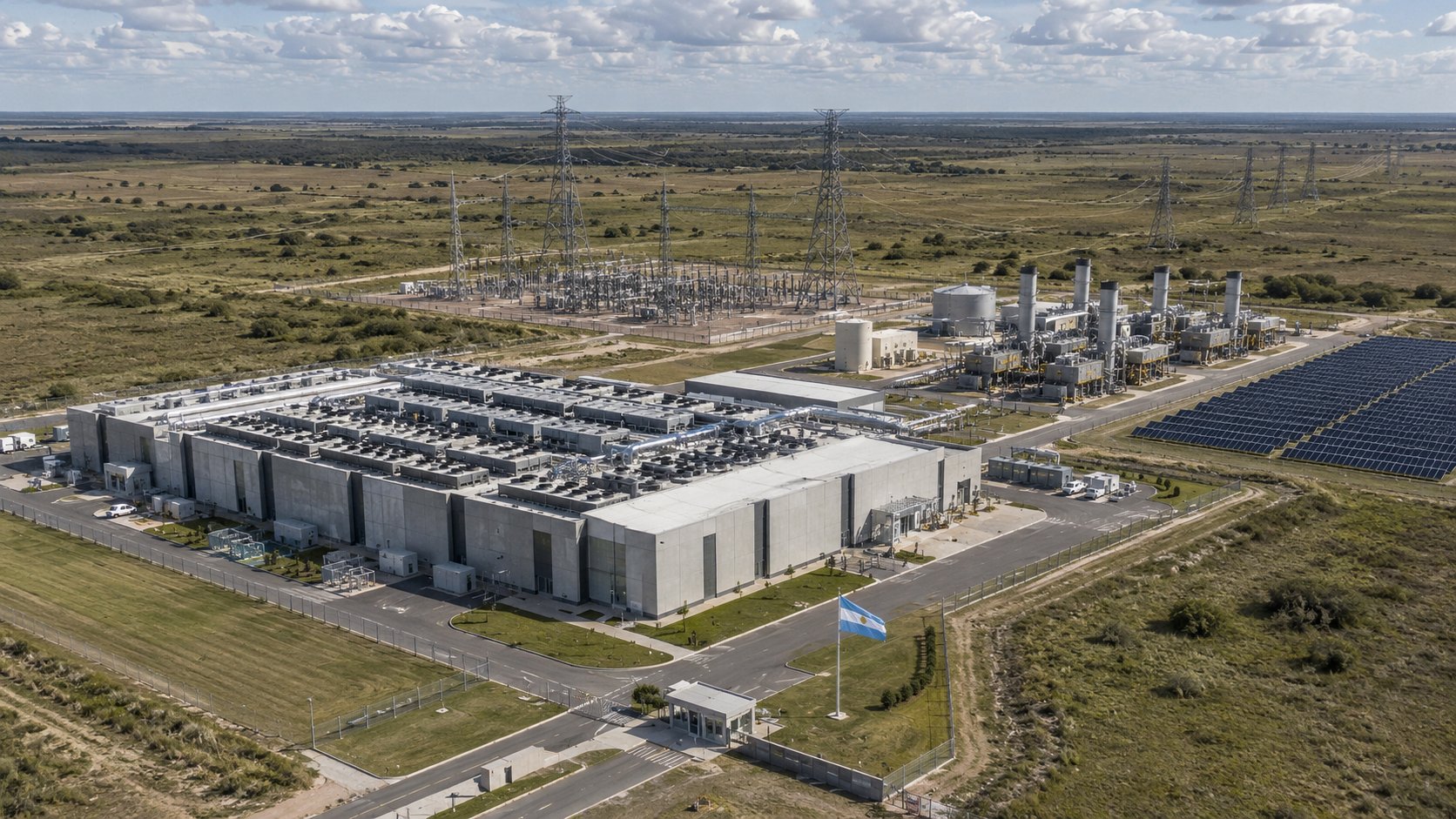 Ilustración editorial generada con IA: un centro de datos junto a su propia central eléctrica y una subestación de alta tensión en la llanura argentina, con una bandera argentina; composición conceptual, no es una fotografía de un proyecto real.