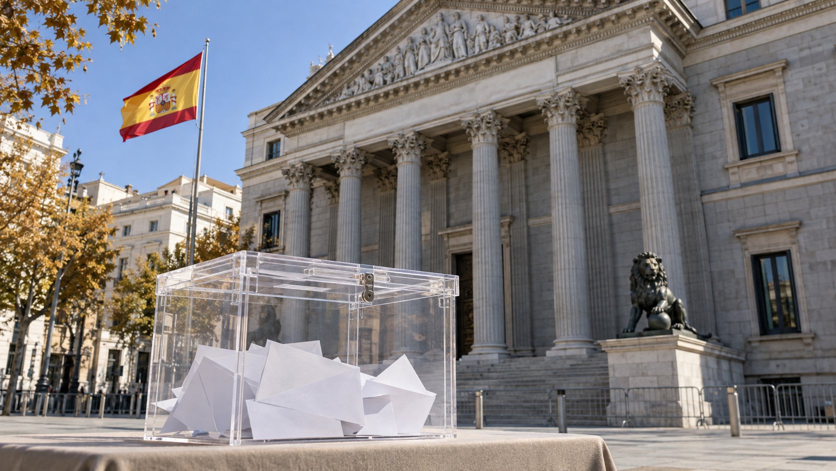 Ilustración editorial generada con IA: una urna electoral transparente con sobres blancos frente a la fachada del Congreso de los Diputados de Madrid, con sus columnas, un león de bronce y la bandera de España; composición conceptual, no es una fotografía del anuncio ni de una votación.