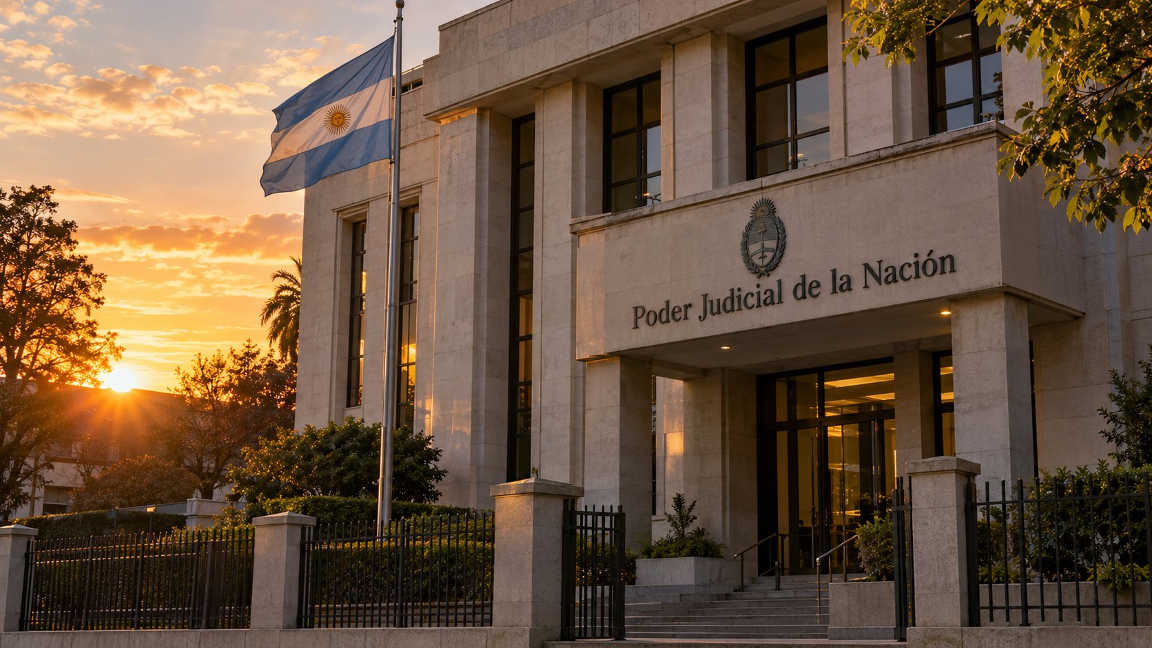 Ilustración editorial generada con IA: fachada de un edificio de tribunales con el cartel «Poder Judicial de la Nación», el escudo nacional y la bandera argentina en el mástil, al atardecer; composición conceptual, no es una fotografía del Juzgado Federal de San Isidro ni de un hecho real.