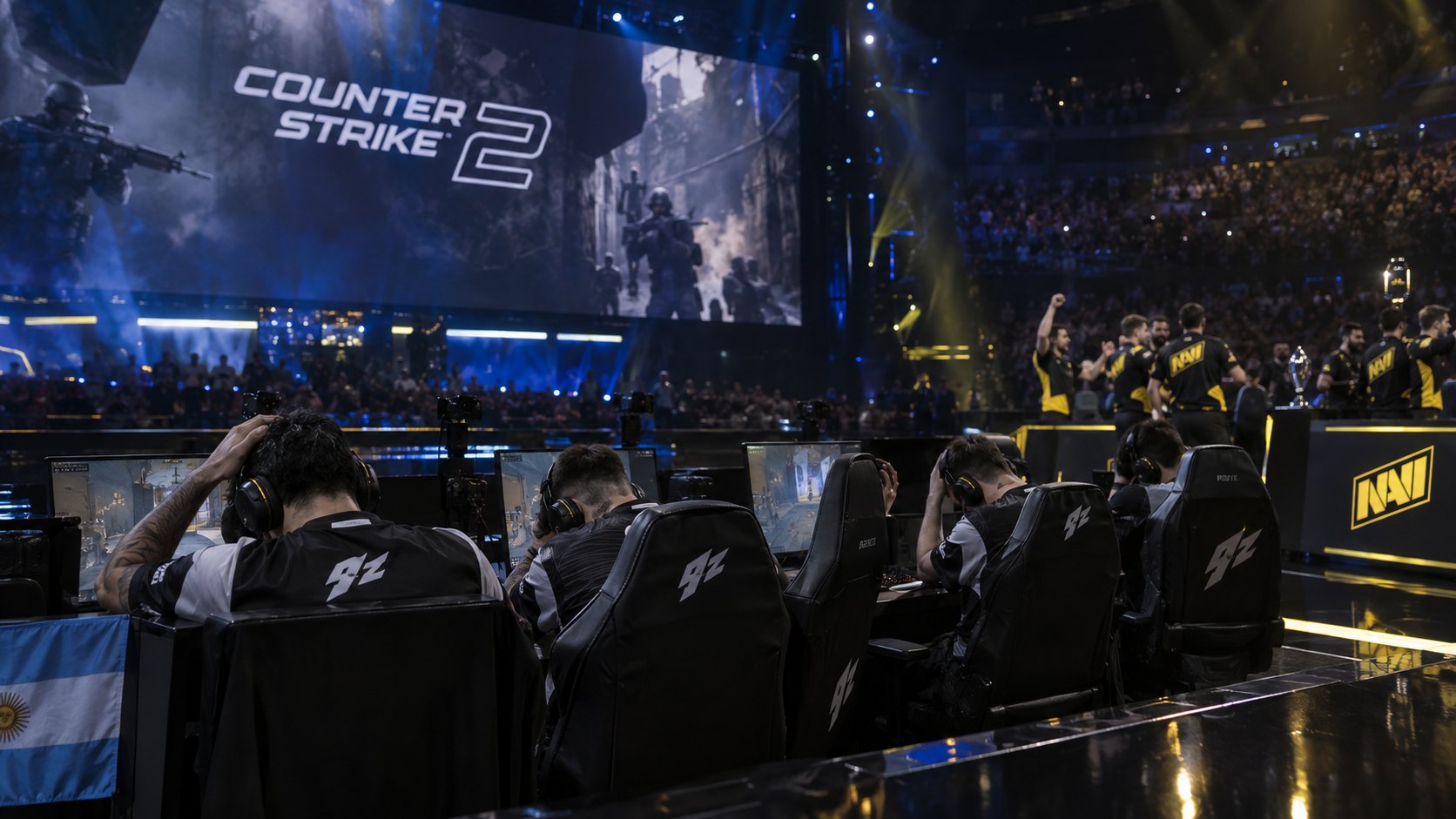 Ilustración editorial generada con IA: jugadores de 9z de camiseta negra, de espaldas en sus cabinas y con gesto de decepción, mientras del otro lado del escenario jugadores de NAVI de amarillo y negro celebran, con el logo de Counter-Strike 2 en la pantalla gigante y una bandera argentina junto a la cabina; no es una fotografía del partido.