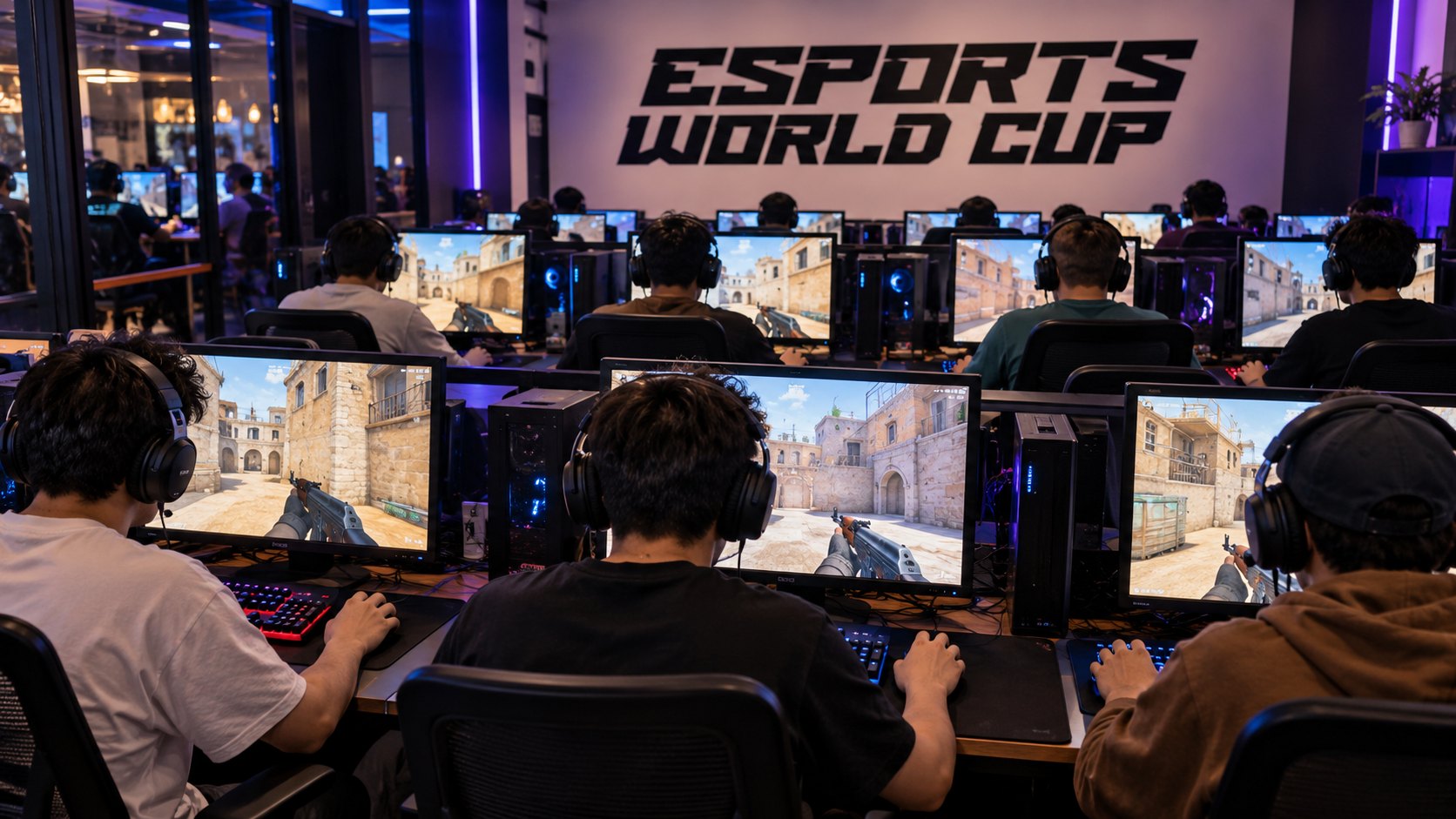 Ilustración editorial generada con IA: filas de jugadores jóvenes de espaldas compiten en Counter-Strike 2 frente a monitores en un cibercafé gamer iluminado con luces LED, con un gran cartel del Esports World Cup en la pared del fondo; composición conceptual, no es una fotografía de un torneo real.