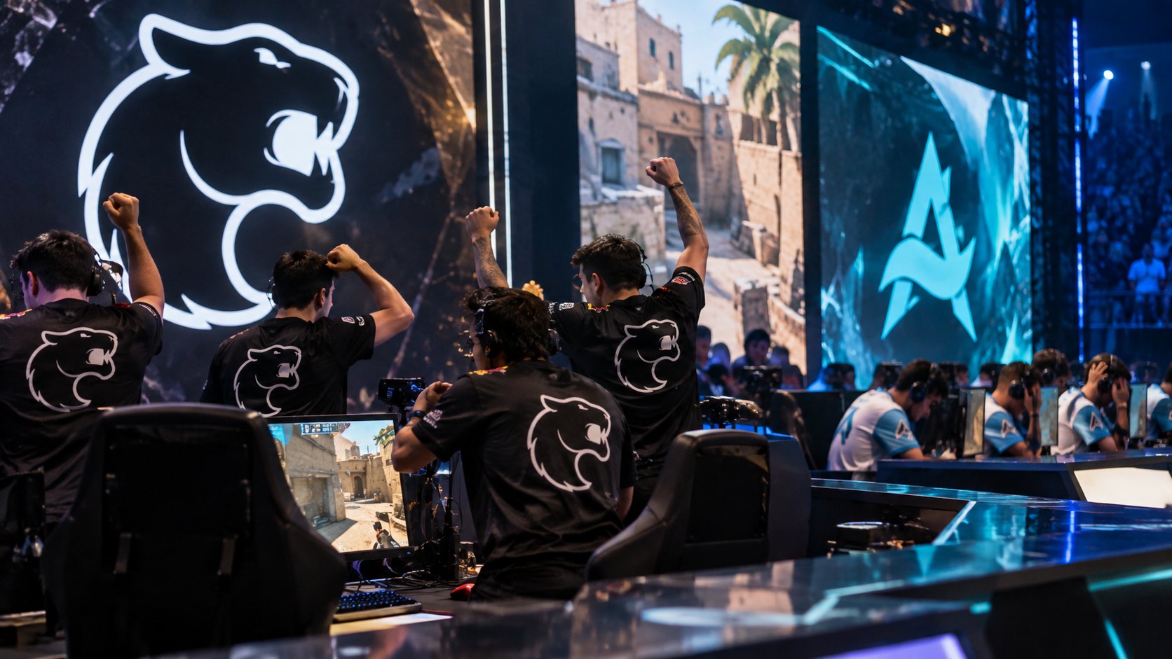 Ilustración editorial generada con IA: de espaldas, jugadores con camisetas negras de FURIA y su pantera celebran con los puños en alto frente a sus monitores en el escenario de una arena de e-sports, mientras del otro lado jugadores de Aurora siguen sentados, bajo pantallas gigantes con los logos de ambos equipos; composición conceptual, no es una fotografía del partido ni de los jugadores reales.