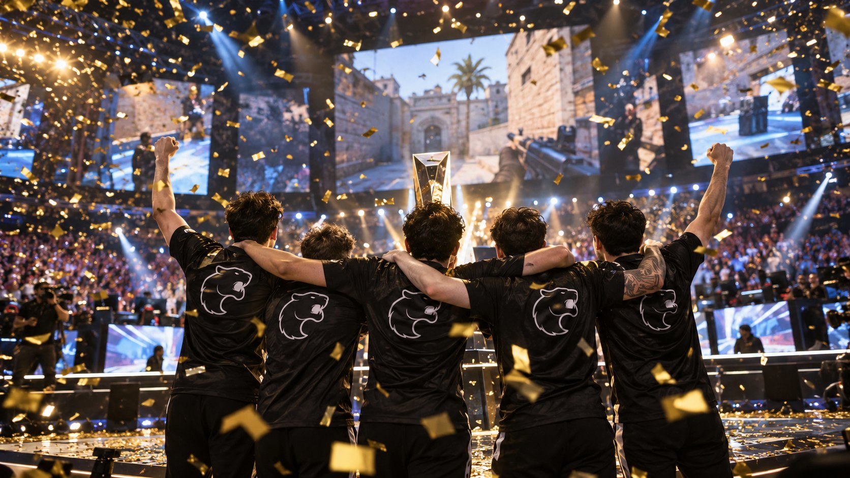 Ilustración editorial generada con IA: cinco jugadores con camisetas negras con la pantera de FURIA, de espaldas y abrazados, celebran con los brazos en alto en el escenario de una arena de e-sports bajo una lluvia de papelitos dorados; composición conceptual, no es una fotografía de la final en Malta.