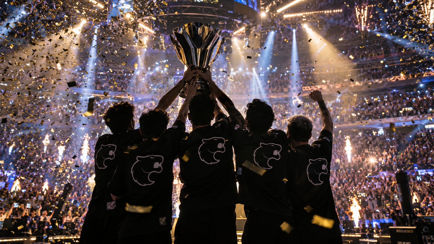 Ilustración editorial generada con IA: jugadores con camisetas negras de FURIA con la pantera, de espaldas, levantan el trofeo sobre el escenario de una arena de e-sports colmada mientras cae papel picado; composición representativa, no es una fotografía de la final en Bucarest.