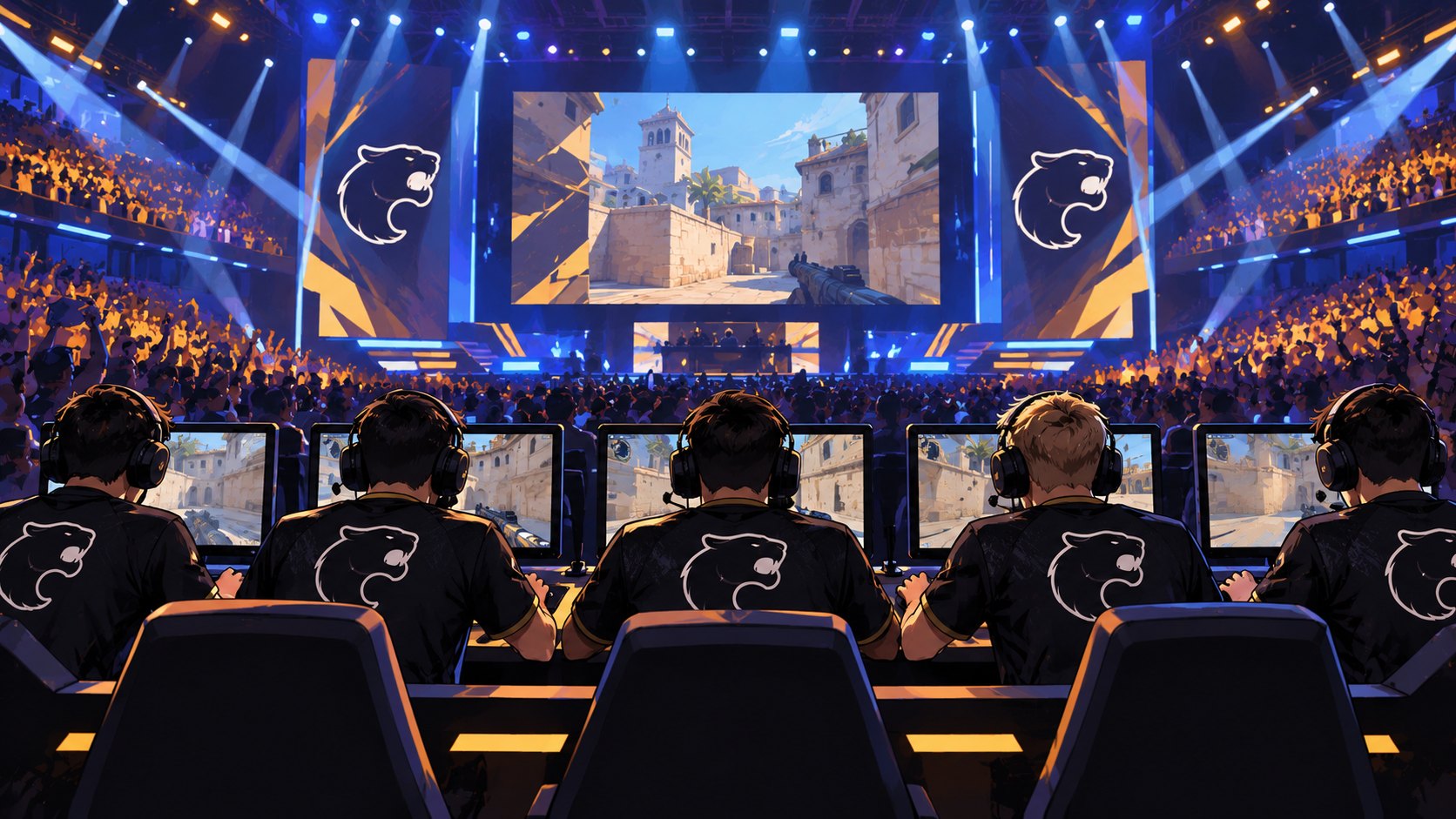 Ilustración editorial generada con IA: jugadores con camisetas de FURIA, vistos de espaldas, compiten en sus computadoras sobre el escenario de un torneo de Counter-Strike 2 en una arena; composición representativa, no es una fotografía de la serie con TYLOO.