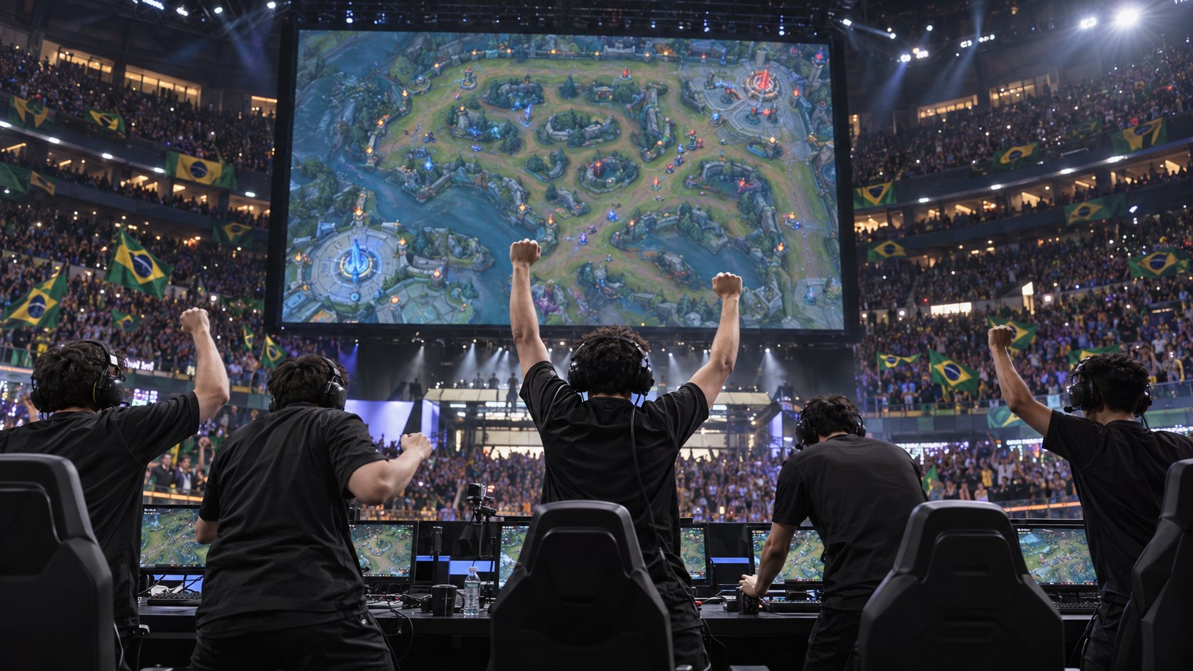 Ilustración editorial generada con IA: cinco jugadores de espaldas con auriculares celebran con los brazos en alto frente a sus monitores en un estadio de e-sports, con el mapa de League of Legends en la pantalla gigante y banderas de Brasil en las tribunas; no es una fotografía de la serie ni de LØS.