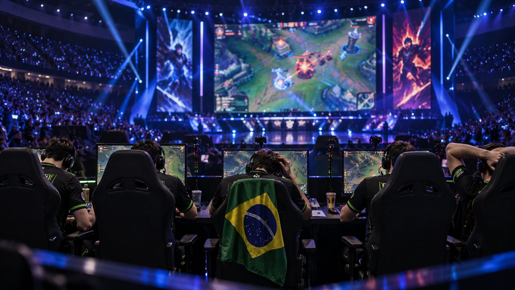 Ilustración editorial generada con IA: jugadores de League of Legends con remeras negras y verdes, de espaldas y abatidos frente a sus monitores en el escenario de un estadio colmado, uno con una bandera de Brasil sobre la silla; composición conceptual, no es una fotografía de LØS en el Mundial.