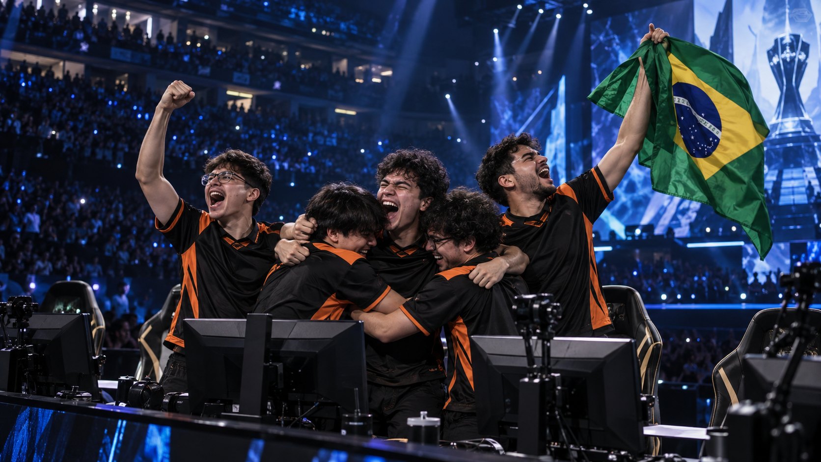Ilustración editorial generada con IA: jugadores de League of Legends con camisetas naranjas y negras celebran abrazados frente a sus monitores en el escenario de un estadio colmado, uno con una bandera de Brasil; composición conceptual, no es una fotografía de LØS en el Mundial.