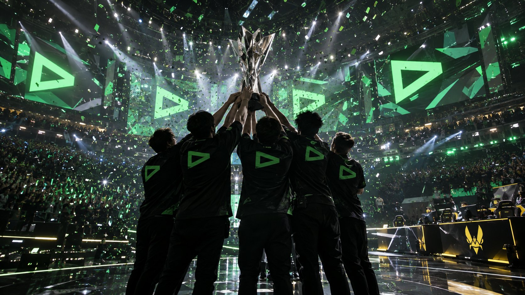 Ilustración editorial generada con IA: de espaldas, cinco jugadores con camisetas negras y el logo verde de LOUD levantan el trofeo de VALORANT Champions en el escenario de un estadio repleto, bajo pantallas con el logo del equipo y lluvia de papel; a un costado, la estación de Vitality; composición conceptual, no es una fotografía de la final ni de los jugadores reales.
