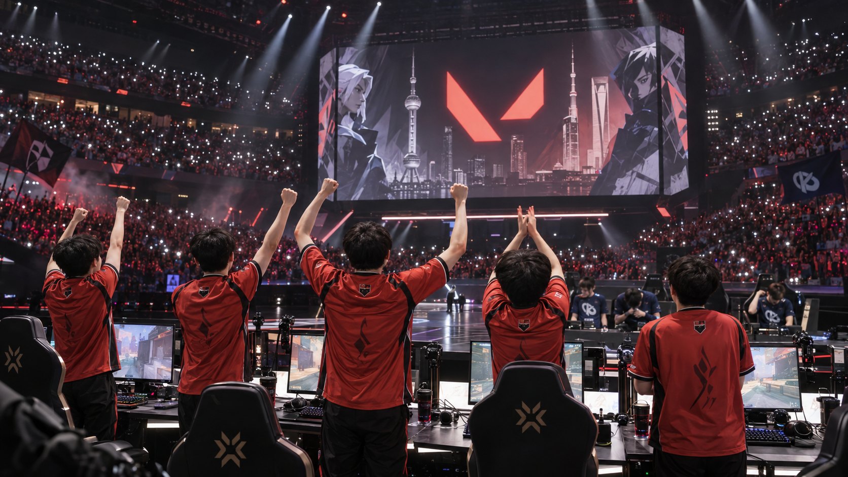 Ilustración editorial generada con IA: jugadores de Nongshim RedForce con camisetas rojas celebran de espaldas con los brazos en alto sobre el escenario de VALORANT Champions en Shanghái, frente a sus monitores y con el logo de VALORANT en la pantalla gigante; no es una fotografía del partido.