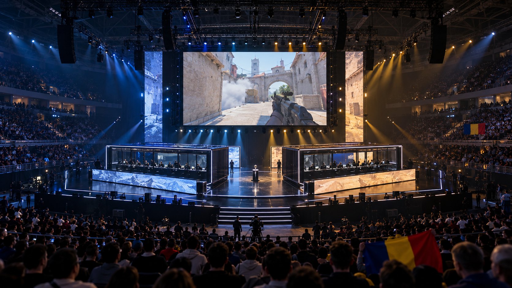 Ilustración editorial generada con IA: el escenario de un torneo de Counter-Strike 2 en un estadio cubierto, con dos cabinas de jugadores enfrentadas, una gran pantalla con una escena del juego y público en las tribunas con una bandera de Rumania; composición conceptual, no es una fotografía del PGL Masters Bucharest.